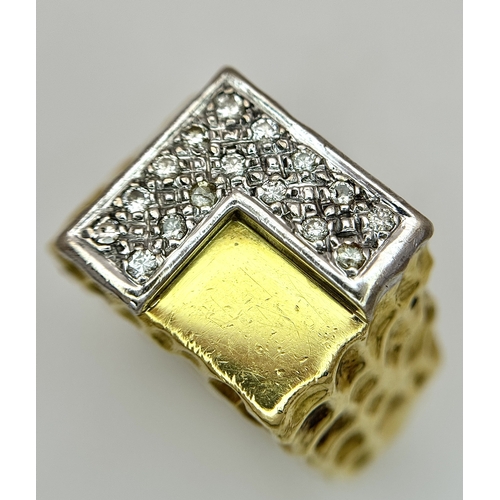 11 - A Statement 18K Yellow Gold and Diamond Gents Signet Ring. Dimple effect band with an 'L' shaped dia... 