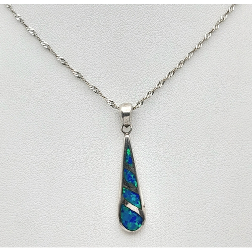 1225 - A  Pretty Sterling Silver Opal Set Pendant Necklace- 46cm multi-link chain. The Pendant measures a 3... 