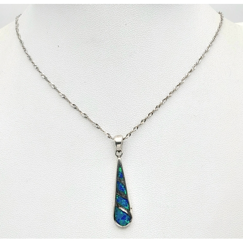 1225 - A  Pretty Sterling Silver Opal Set Pendant Necklace- 46cm multi-link chain. The Pendant measures a 3... 