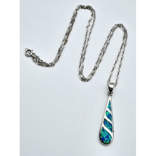 1225 - A  Pretty Sterling Silver Opal Set Pendant Necklace- 46cm multi-link chain. The Pendant measures a 3... 