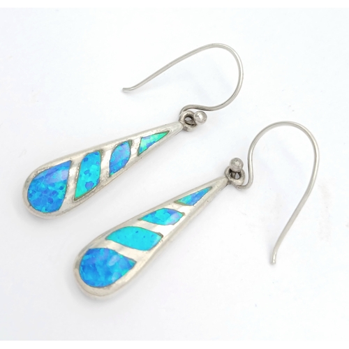 1333 - A Pretty Pair of Sterling Silver Opal Set Dangle Earrings. 4cm drop and 8mm wide at their widest poi... 