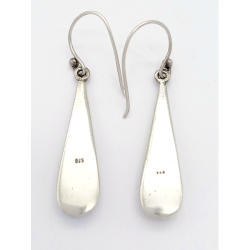 1333 - A Pretty Pair of Sterling Silver Opal Set Dangle Earrings. 4cm drop and 8mm wide at their widest poi... 