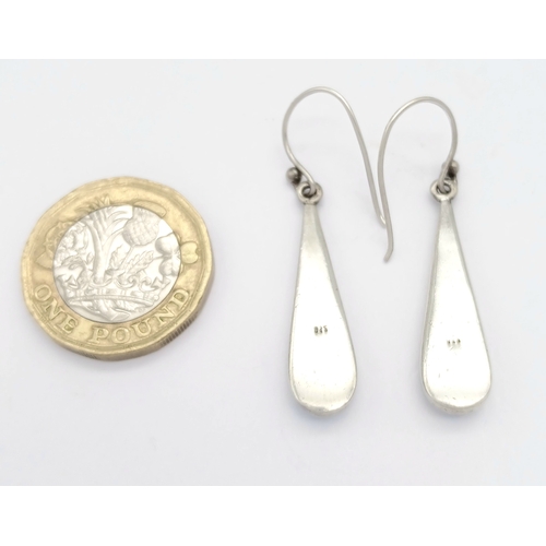 1333 - A Pretty Pair of Sterling Silver Opal Set Dangle Earrings. 4cm drop and 8mm wide at their widest poi... 