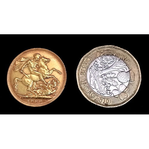 46 - An Edward VII 1909 Full Sovereign coin. 22K Gold.