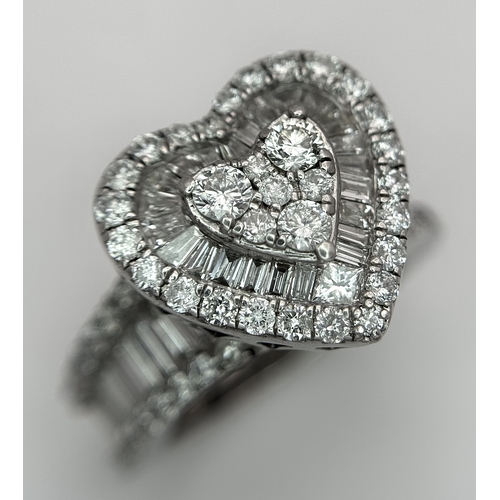 614 - A 9K WHITE GOLD, MIXED CUT, DIAMOND SET, FANCY HEART DESIGN RING. 1.96CTW APPROX. 7.6G, SIZE M. SPSA... 