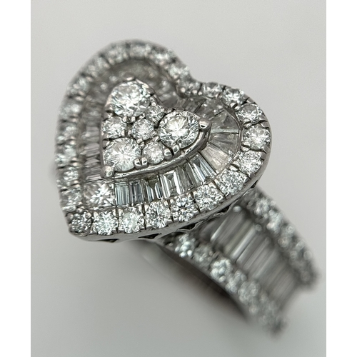 614 - A 9K WHITE GOLD, MIXED CUT, DIAMOND SET, FANCY HEART DESIGN RING. 1.96CTW APPROX. 7.6G, SIZE M. SPSA... 