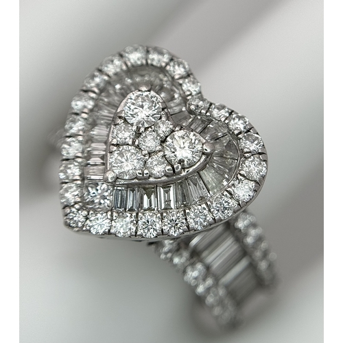 614 - A 9K WHITE GOLD, MIXED CUT, DIAMOND SET, FANCY HEART DESIGN RING. 1.96CTW APPROX. 7.6G, SIZE M. SPSA... 
