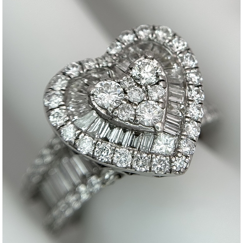 614 - A 9K WHITE GOLD, MIXED CUT, DIAMOND SET, FANCY HEART DESIGN RING. 1.96CTW APPROX. 7.6G, SIZE M. SPSA... 