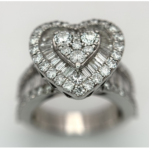 614 - A 9K WHITE GOLD, MIXED CUT, DIAMOND SET, FANCY HEART DESIGN RING. 1.96CTW APPROX. 7.6G, SIZE M. SPSA... 