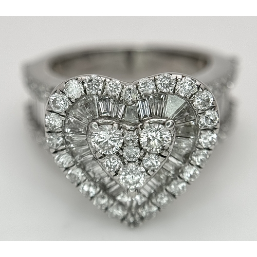614 - A 9K WHITE GOLD, MIXED CUT, DIAMOND SET, FANCY HEART DESIGN RING. 1.96CTW APPROX. 7.6G, SIZE M. SPSA... 