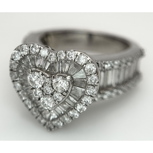 614 - A 9K WHITE GOLD, MIXED CUT, DIAMOND SET, FANCY HEART DESIGN RING. 1.96CTW APPROX. 7.6G, SIZE M. SPSA... 