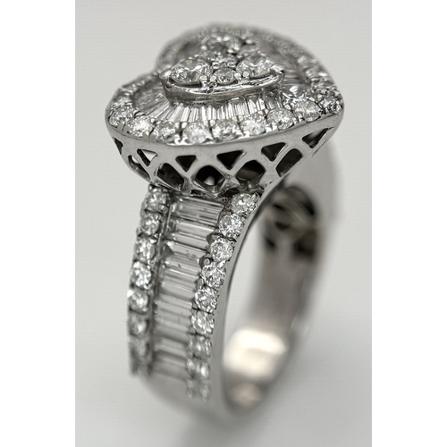 614 - A 9K WHITE GOLD, MIXED CUT, DIAMOND SET, FANCY HEART DESIGN RING. 1.96CTW APPROX. 7.6G, SIZE M. SPSA... 