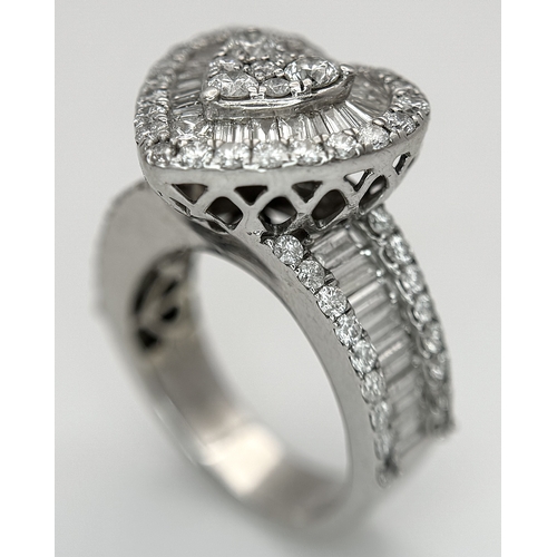 614 - A 9K WHITE GOLD, MIXED CUT, DIAMOND SET, FANCY HEART DESIGN RING. 1.96CTW APPROX. 7.6G, SIZE M. SPSA... 