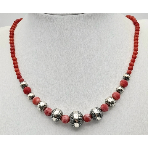 622 - A Vintage Sterling Silver and Coral Beaded Necklace. Fits 43cm plus length. The Largest Centre Silve... 