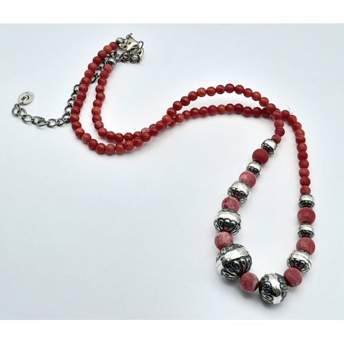 622 - A Vintage Sterling Silver and Coral Beaded Necklace. Fits 43cm plus length. The Largest Centre Silve... 