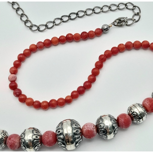 622 - A Vintage Sterling Silver and Coral Beaded Necklace. Fits 43cm plus length. The Largest Centre Silve... 