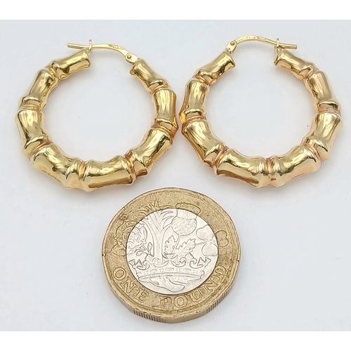 119 - Impressive Fully Hallmarked 9 CARAT GOLD CHUNKY ‘BAMBOO’  HOOP EARRINGS. 3.7 Grams. 3.0 cm Diameter.... 