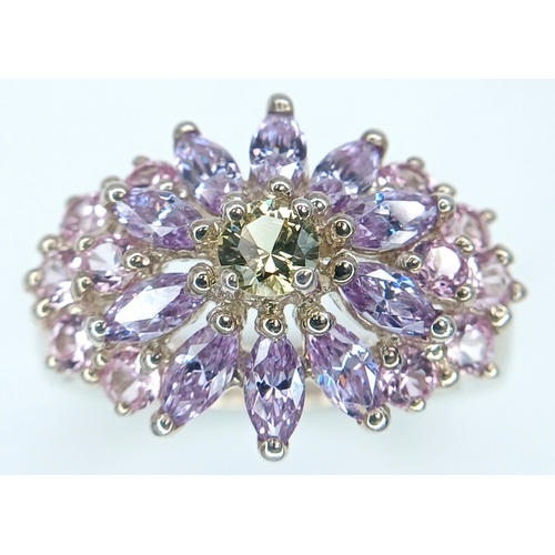 1190 - A Pretty Multi-Colour Diamonique Cubic Zirconia Cluster Ring Size N. The Crown measures 2.2 x 1.6cm.... 