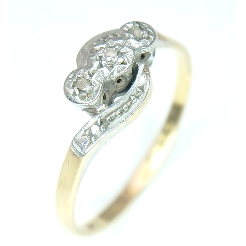 91 - Antique 18 CARAT GOLD, CROSSOVER STYLE RING with DIAMONDS in PLATINUM. 2.4 GRAMS. Size O.