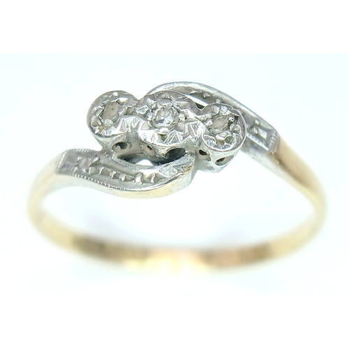 91 - Antique 18 CARAT GOLD, CROSSOVER STYLE RING with DIAMONDS in PLATINUM. 2.4 GRAMS. Size O.