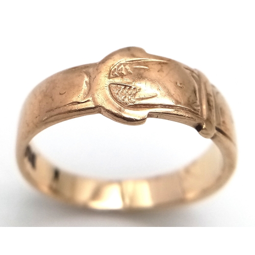 98 - Vintage 9 CARAT GOLD ‘BUCKLE’  RING. Full UK hallmark. 3.2 Grams. Size M 1/2 - N.