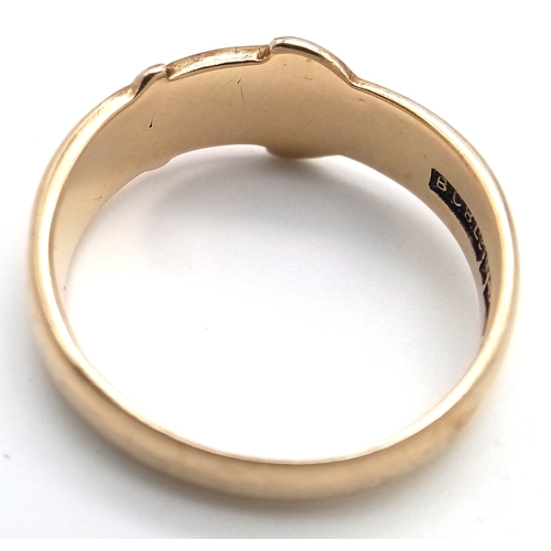 98 - Vintage 9 CARAT GOLD ‘BUCKLE’  RING. Full UK hallmark. 3.2 Grams. Size M 1/2 - N.