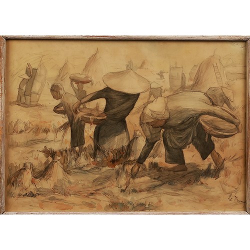 "Harvest" by Le Trung,  33 x 45 cm, mixed media on paper. Perfect condition. The painter Le Trung, whose real name was Le Toan Trung, was born in 1919 (the year of his death is unknown) in Long Phu village, Tan Chau district, in the former Chau Doc province. After graduating from the Gia Dinh School of Fine Arts, he applied to the Indochina College of Fine Arts in Hanoi and was the only student from the South to pass the official entrance exam in 1933. This item is held at Cadmore ASIAN Office in Vietnam and will be shipped from there. Buyers will be responsible for direct shipping payments. Delivery will take slightly longer.