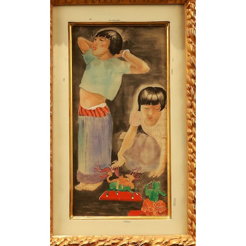 "Two Sisters" by Alix Ayme,  34,5 X 18 CM, ink and color on silk. Perfect condition. Alix Ayme (1894-1989), French painter who lived in Vietnam from the 1920s, taught at Ecole des Beaux-Arts de l'Indochine, known for lacquer paintings of Vietnamese daily life. This item is held at Cadmore ASIAN Office in Vietnam and will be shipped from there. Buyers will be responsible for direct shipping payments. Delivery will take slightly longer.