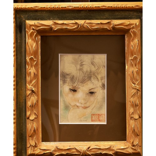 "Pensive Girl" by Alix Ayme,  14 x 21,5 cm, ink and color on silk. Perfect condition. Alix Ayme (1894-1989), French painter who lived in Vietnam from the 1920s, taught at Ecole des Beaux-Arts de l'Indochine, known for lacquer paintings of Vietnamese daily life. This item is held at Cadmore ASIAN Office in Vietnam and will be shipped from there. Buyers will be responsible for direct shipping payments. Delivery will take slightly longer.