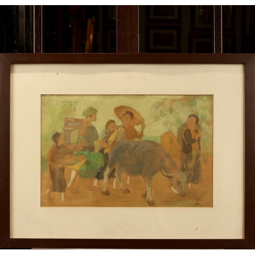 "Reunion" by Sy Tot,  28,5 x 43 cm, gouache on paper. Perfect condition. Sy Tot (1920-2000), trained at the Ecole des Beaux-Arts de l'Indochine, known for lacquer and silk paintings of traditional Vietnamese subjects. Nguyen Sy Tot is considered the founder of a thriving school of painting that developed in that rural district. His painting are mainly on paper and concerns themes connected with the daily life of the place where he lived. In his native village a museum was founded to collect his works and works of other local artists. This item is held at Cadmore ASIAN Office in Vietnam and will be shipped from there. Buyers will be responsible for direct shipping payments. Delivery will take slightly longer.