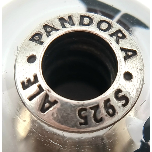 705 - A PAIR OF PANDORA, STERLING SILVER CHARMS. BLACK MURANO GLASS AND BLACK CHERRY BLOSSOM MURANO GLASS.... 