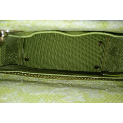 346 - A Christian Dior Green and White Lady D-Lite Bag. Toile de jouy embroidered textile exterior with go... 