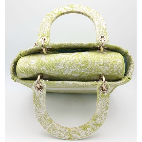346 - A Christian Dior Green and White Lady D-Lite Bag. Toile de jouy embroidered textile exterior with go... 