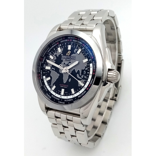 A Breitling Galactic Unitime Automatic Gents Watch. Model WB3510. Stainless steel bracelet and case - 44mm. Black dial with world map. Water resistant to 100m. In good condition and working order. Comes with pouch, box and papers. Ref: 04475