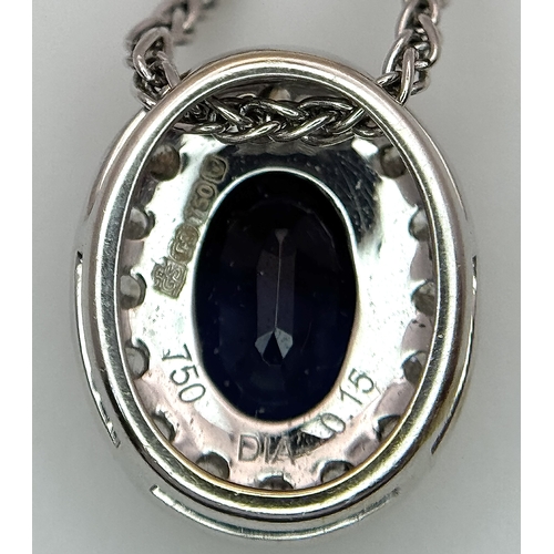 1188 - An 18K White Gold, Sapphire and Diamond Oval Shaped Pendant on an 18K White Gold Chain necklace. 0.7... 