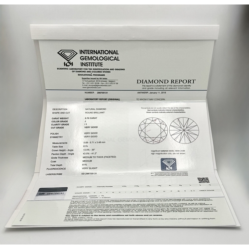 1234 - A Single 18K White Gold Diamond Stud Earring. 0.70ct round brilliant cut having J colour and I1 clar... 