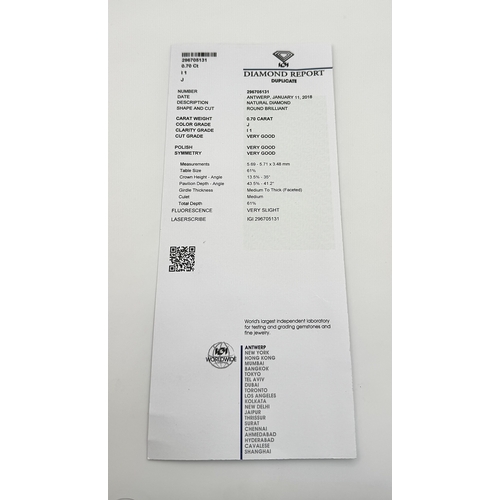 1234 - A Single 18K White Gold Diamond Stud Earring. 0.70ct round brilliant cut having J colour and I1 clar... 