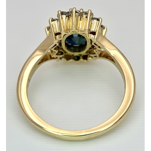 1243 - A Classic 18K Yellow Gold, Sapphire and Diamond Ring. Gorgeous 2ct oval cut green sapphire with 0.70... 