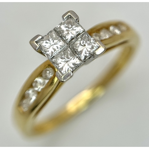 1250 - An 18K Yellow Gold Princess Cut Diamond Ring. A quartet of Princess cut diamonds of 0.60ctw having G... 