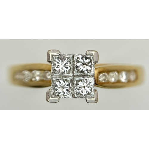 1250 - An 18K Yellow Gold Princess Cut Diamond Ring. A quartet of Princess cut diamonds of 0.60ctw having G... 
