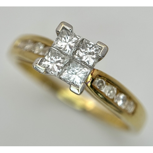1250 - An 18K Yellow Gold Princess Cut Diamond Ring. A quartet of Princess cut diamonds of 0.60ctw having G... 