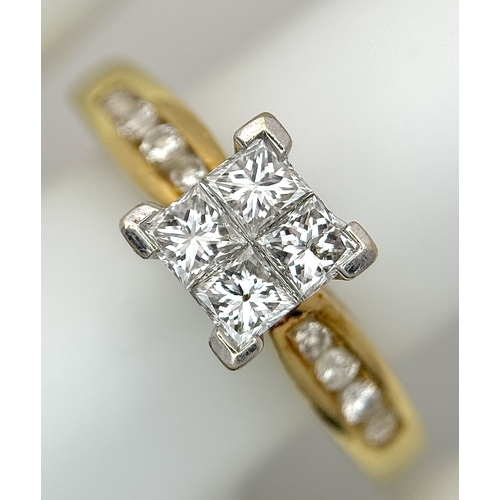1250 - An 18K Yellow Gold Princess Cut Diamond Ring. A quartet of Princess cut diamonds of 0.60ctw having G... 