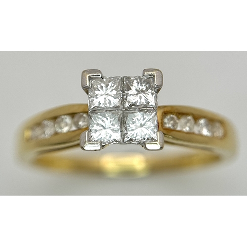 1250 - An 18K Yellow Gold Princess Cut Diamond Ring. A quartet of Princess cut diamonds of 0.60ctw having G... 