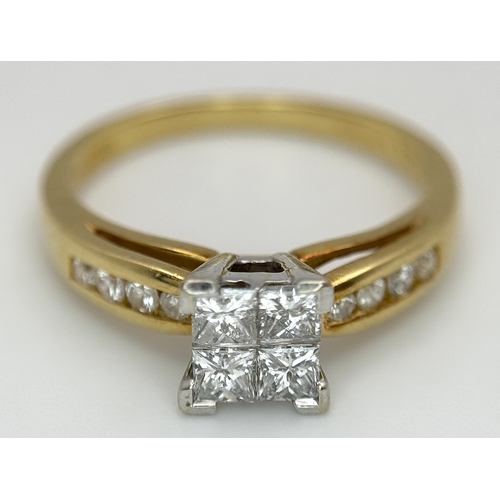 1250 - An 18K Yellow Gold Princess Cut Diamond Ring. A quartet of Princess cut diamonds of 0.60ctw having G... 
