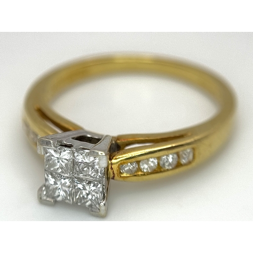 1250 - An 18K Yellow Gold Princess Cut Diamond Ring. A quartet of Princess cut diamonds of 0.60ctw having G... 