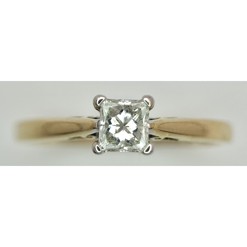 1257 - An 18K Yellow Gold Diamond Solitaire Ring. A 0.33ct Princess cut diamond having H colour and SI1 cla... 