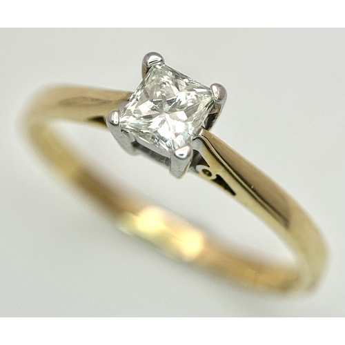 1257 - An 18K Yellow Gold Diamond Solitaire Ring. A 0.33ct Princess cut diamond having H colour and SI1 cla... 