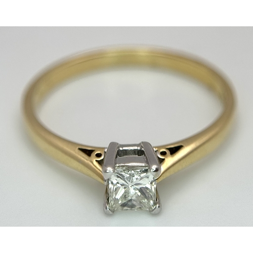 1257 - An 18K Yellow Gold Diamond Solitaire Ring. A 0.33ct Princess cut diamond having H colour and SI1 cla... 