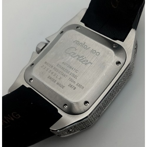 19 - A Cartier Santos 100 Diamond Encrusted Automatic Watch. Black leather strap with fold-over clasp. Di... 