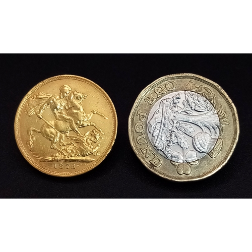 16 - AN 1878 DATED FULL SOVEREIGN COIN WITH THE YOUNG VICTORIA HEAD .